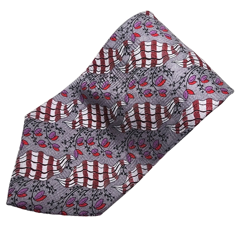 Geoffery Beene Red-Gray Floral Silk Necktie - Made in Italy - Like New